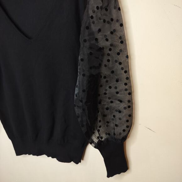 Ophelia Row Sweater Sheer Polka Dot Sleeve V Neck - Picture 5 of 8